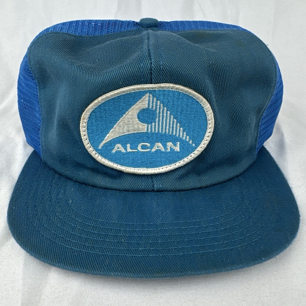 Vintage 80s Alcan Aluminum Trucker Hat K-Products USA Made Blue Mesh Snapback